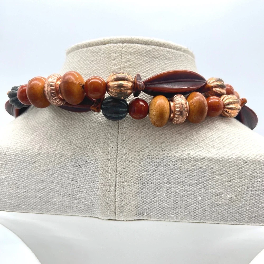 Vintage Earth Tone Mixed Media Beaded Necklace Copper Boho Statement‎ 34in